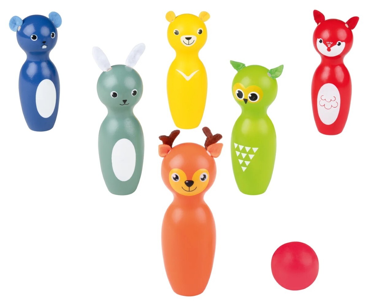 Playtive wooden outdoor bowling set with cute animal pins and a small ball