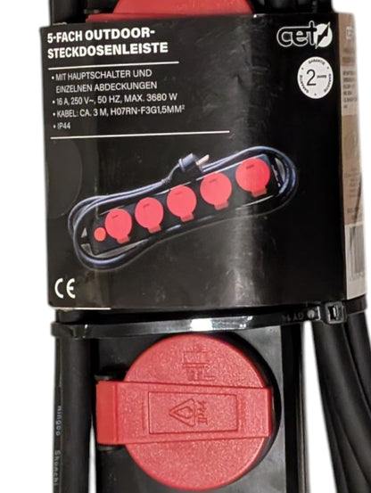 CET 5-Outlet Outdoor Power Strip with 3m Cable - IP44