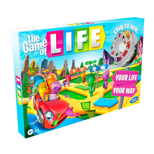 The Game of Life board game with colorful pegs and game pieces